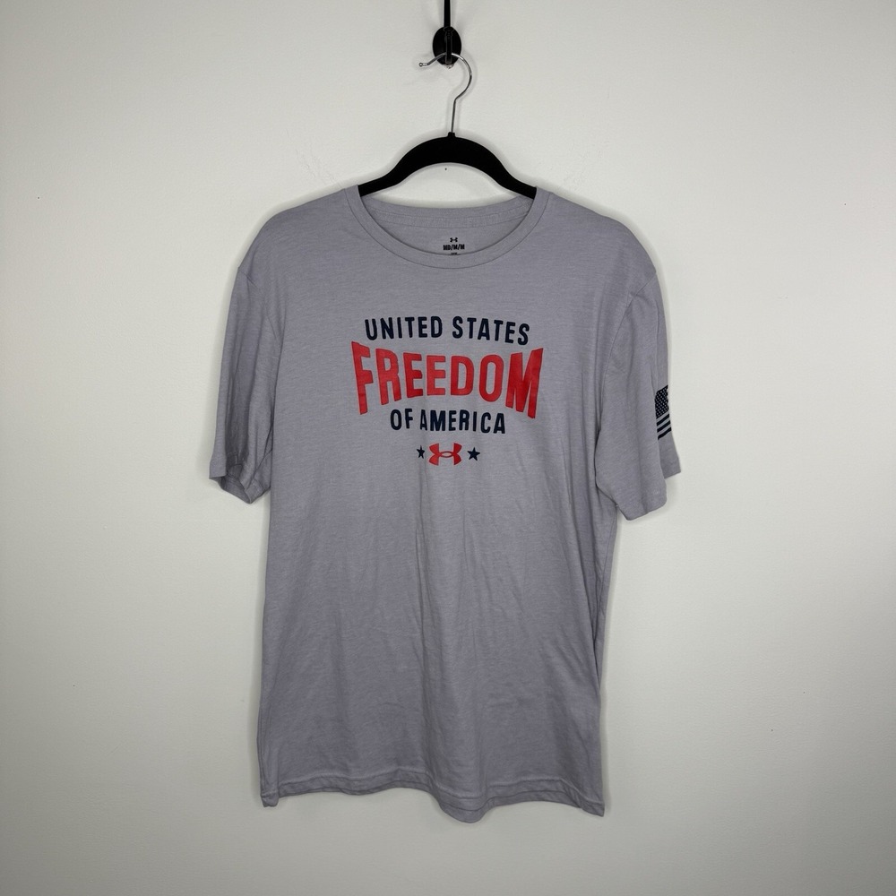 Under Armour Loose Men's Med Gray TShirt United States Freedom American Flag EUC